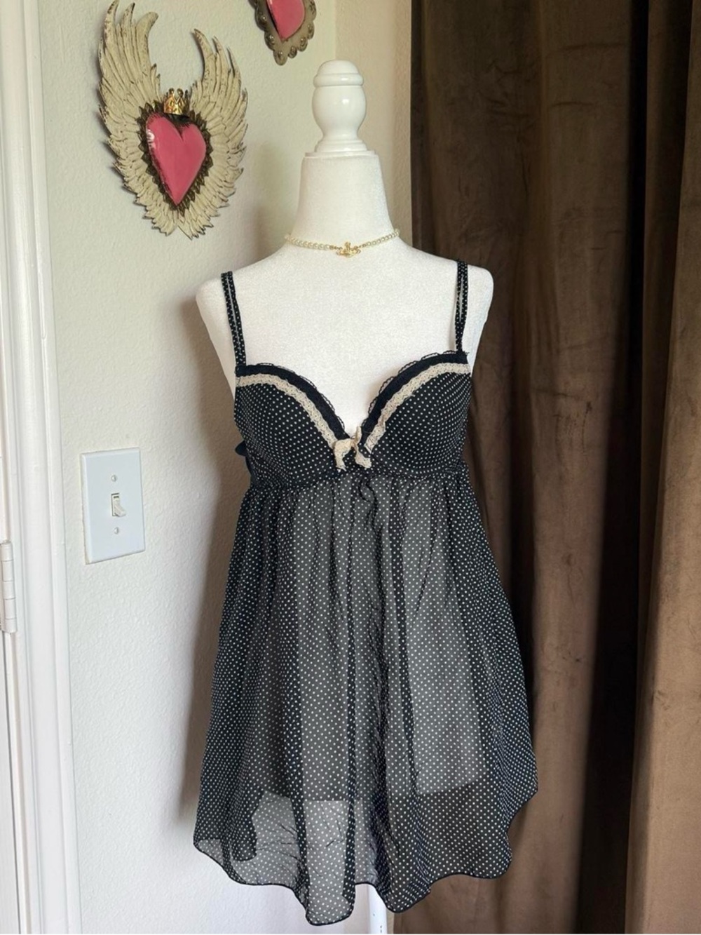 Black Polka Dot Babydoll Chemise with Cream Trim